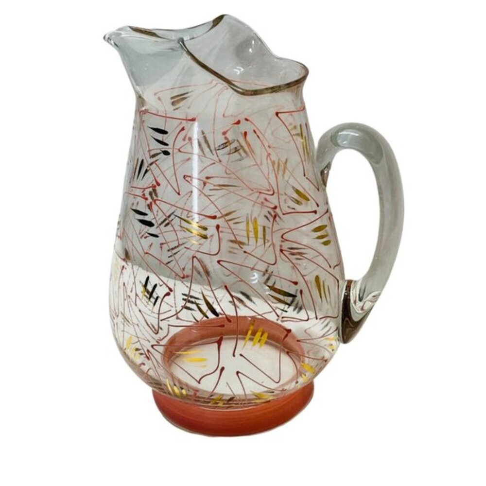Mid-Century Modern Handpainted Glass Pitcher With Abstract Design & Red Base - Picture 3 of 8